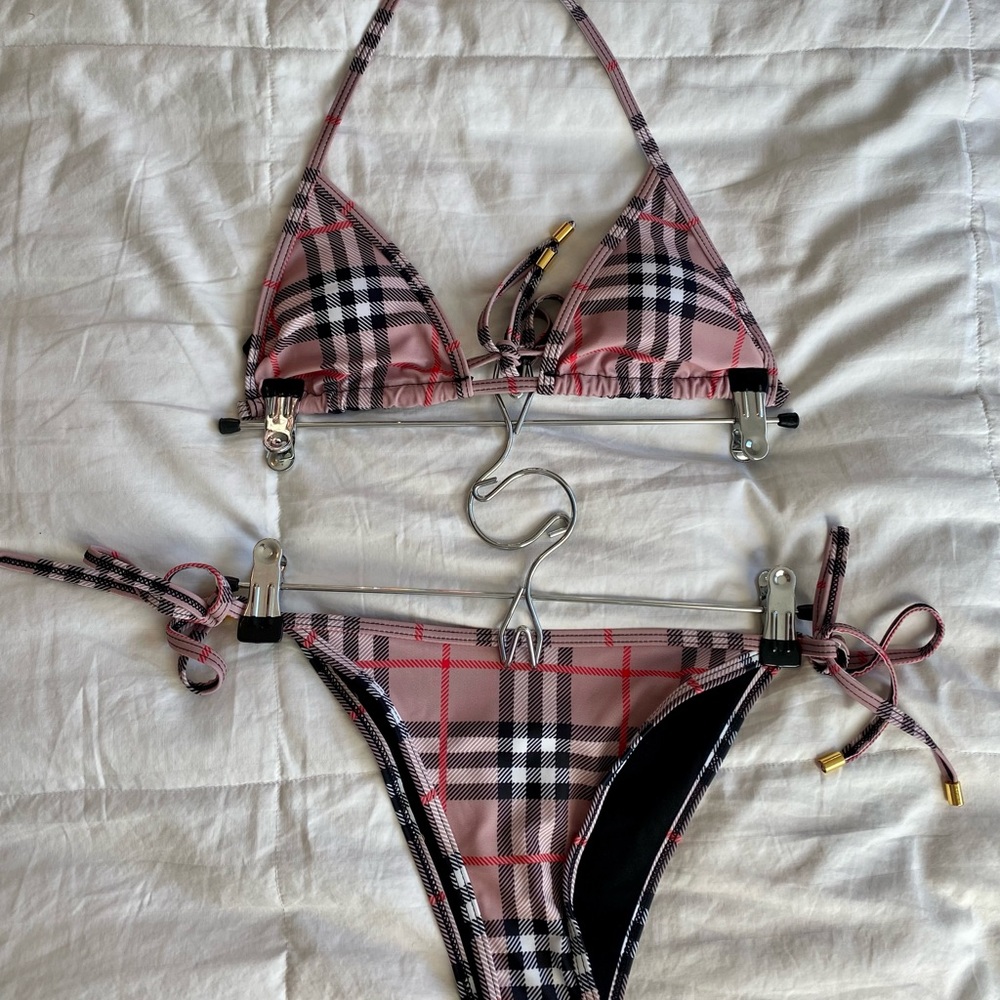 Tan Plaid Side Tie Bikini